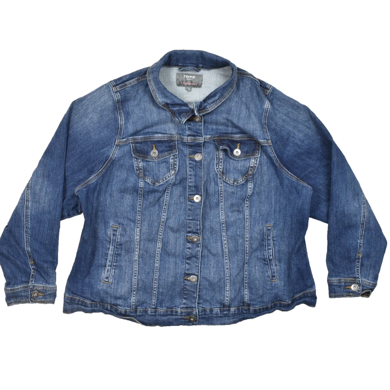 Torrid Torrid Jacket Denim Trucker Blue Stretch Button Front Long Sleeve Regular Fit Womens Size 4 Plus Spring Fall - Blue Denim Jacket Size S / US 4 / IT 40 - 2 Thumbnail
