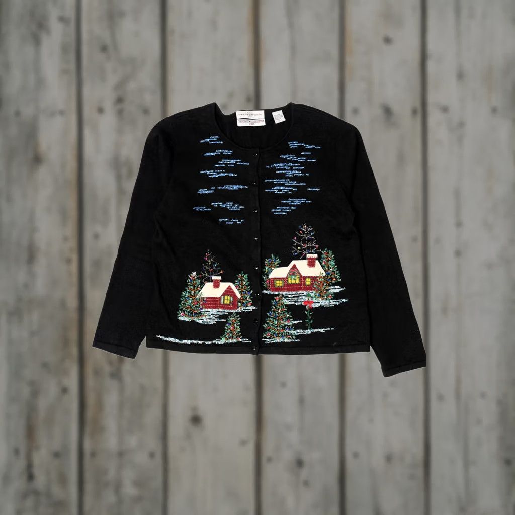 Vintage VINTAGE Marisa Christina Cardigan Women's Cross Stitch Landscape Ugly Christmas 2000s Black Large Ramie Cotton 2003 Mens? Size ONE SIZE - 1 Thumbnail