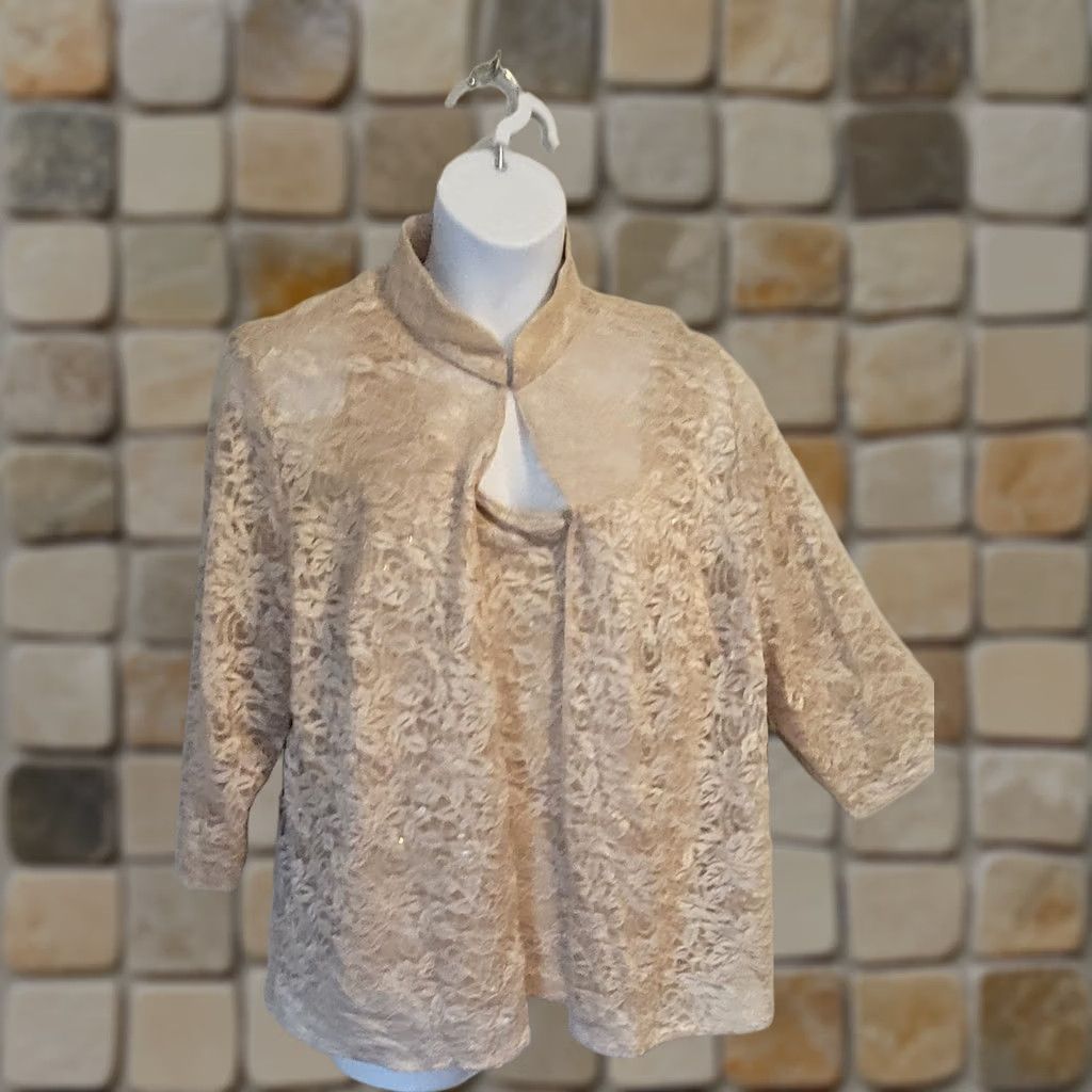 Alex Evenings VINTAGE 90s Alex Evenings Champagne Sparkle Lace 2 Pc Layered Top Jacket 3X Size XXL / US 16-18 / IT 52-54 - 1 Thumbnail