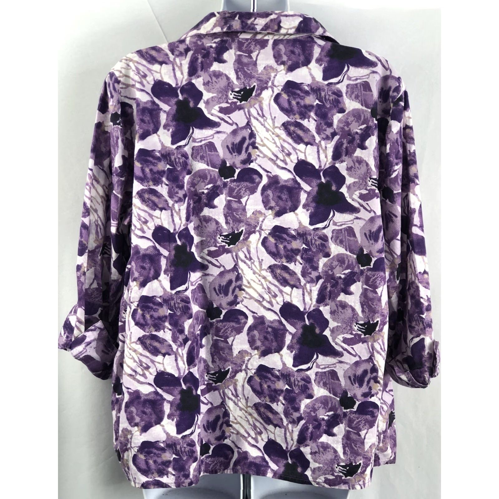 JM Collection JM Collection Blouse Shirt 12P Purple Floral Button Up 3/4 Sleeve Boho Career Womens Size XL / US 12-14 / IT 48-50 - 3 Thumbnail