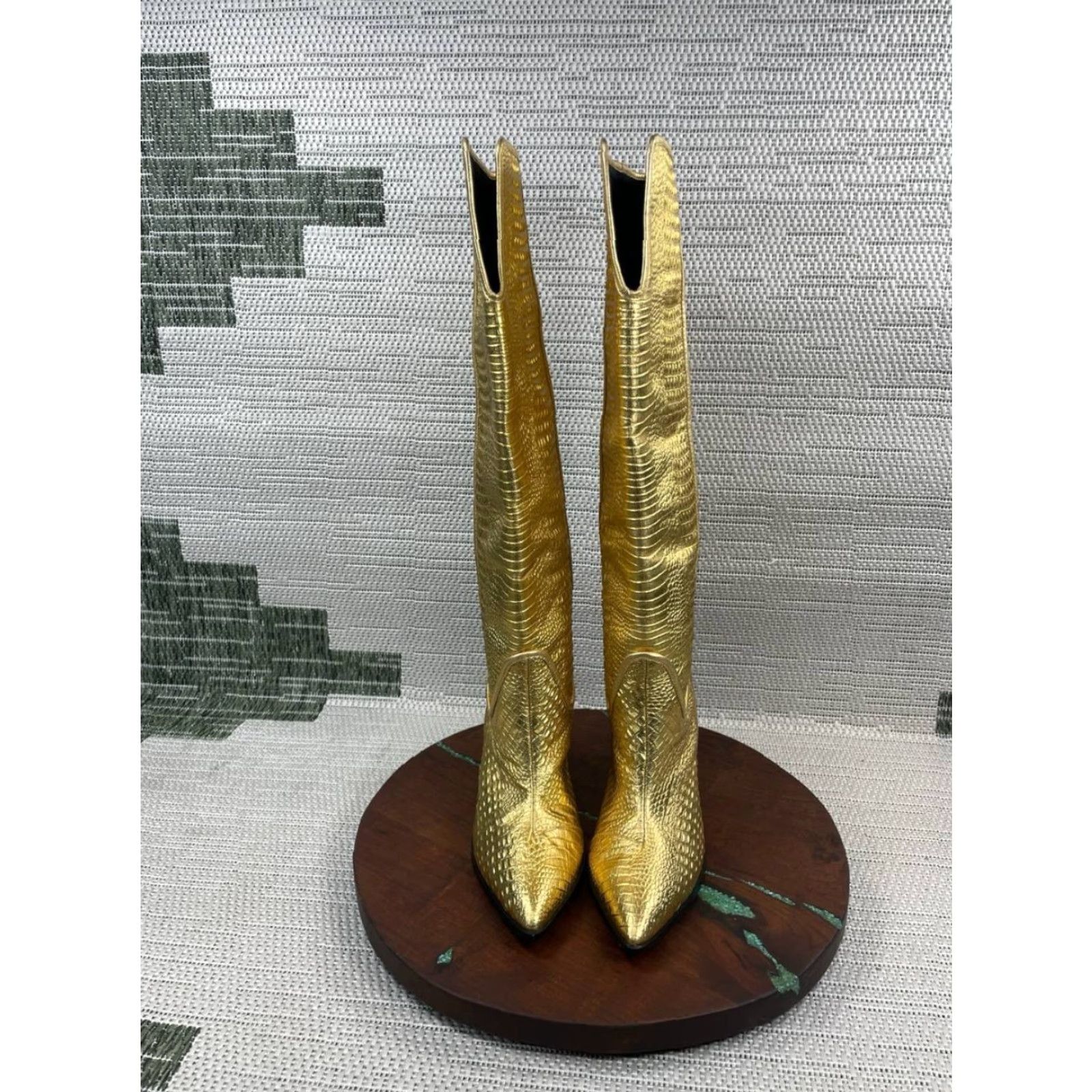 Vintage Cecelia New York Reckon Boots Womens Size 8 B Gold Leather Croc Embossed Mid-Calf Riding Block Heel Leather Lining Casual Outdoor Vintage: No Size US 8 / IT 38 - 4 Thumbnail