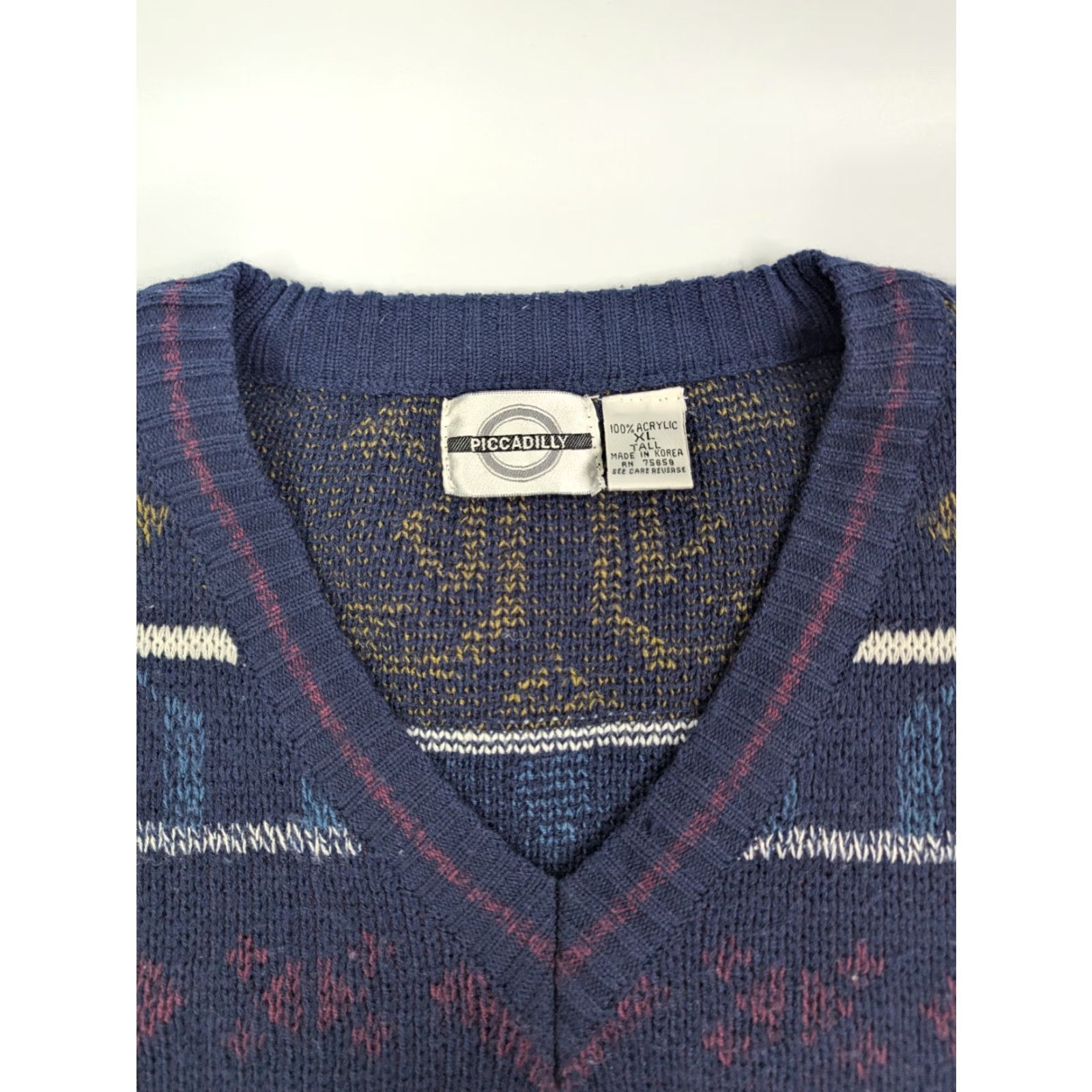 Vintage VINTAGE Piccadilly Mens XLT Navy Geometric Crew Neck Sweater 80s Big & Tall Pullover Knit Acrylic Size US XL / EU 56 / 4 - 7 Thumbnail