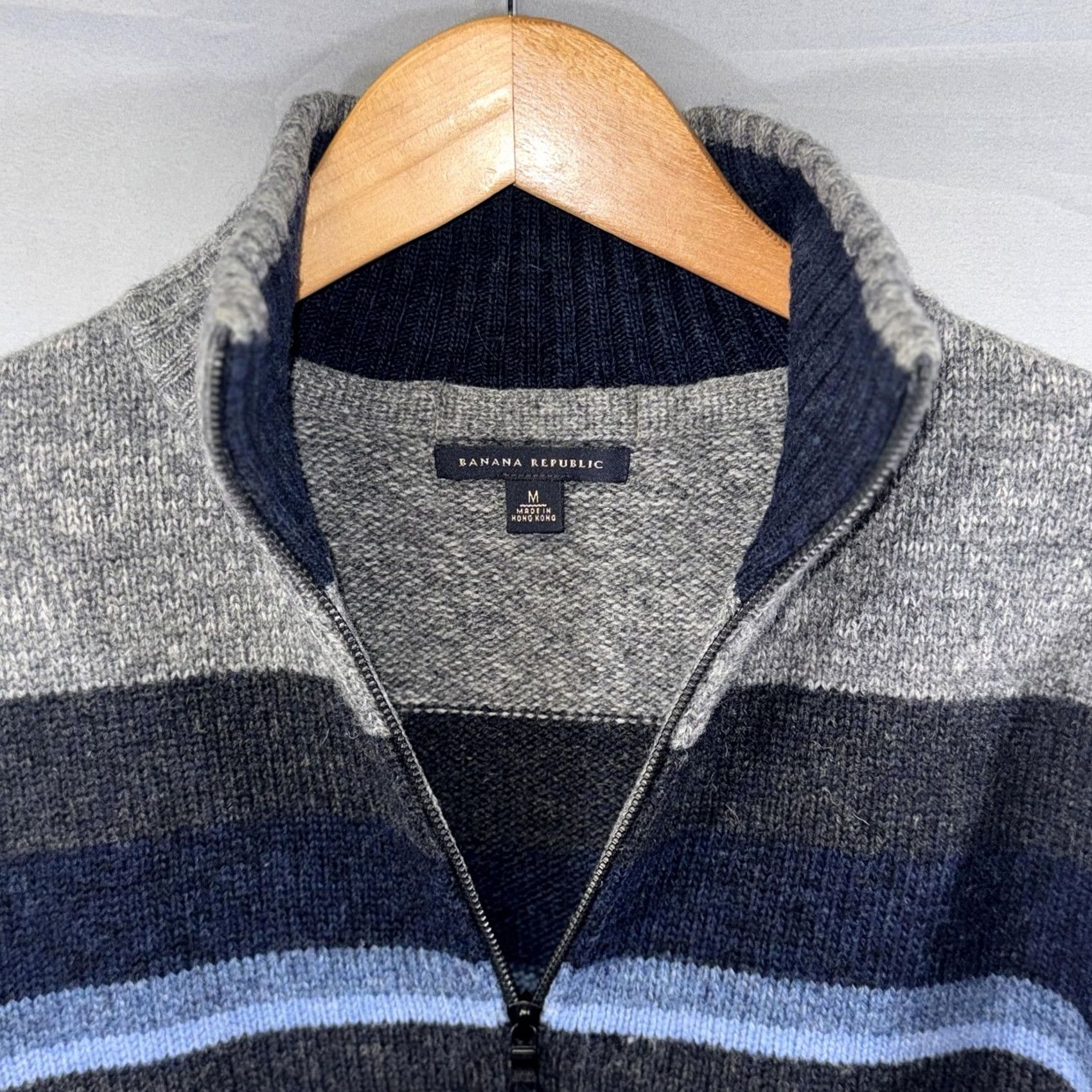 Banana Republic VINTAGE Banana Republic Sweater Mens M Gray Striped Half Zip Mock Neck 100% Wool Size US M / EU 48-50 / 2 - 4 Thumbnail