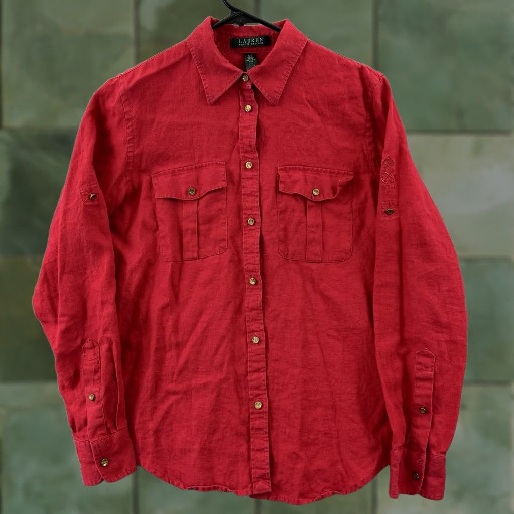 Ralph Lauren Lauren Ralph Lauren Shirt Women Small Red 100% Linen Button Long Sleeve Nautical Size S / US 4 / IT 40 - 1 Thumbnail