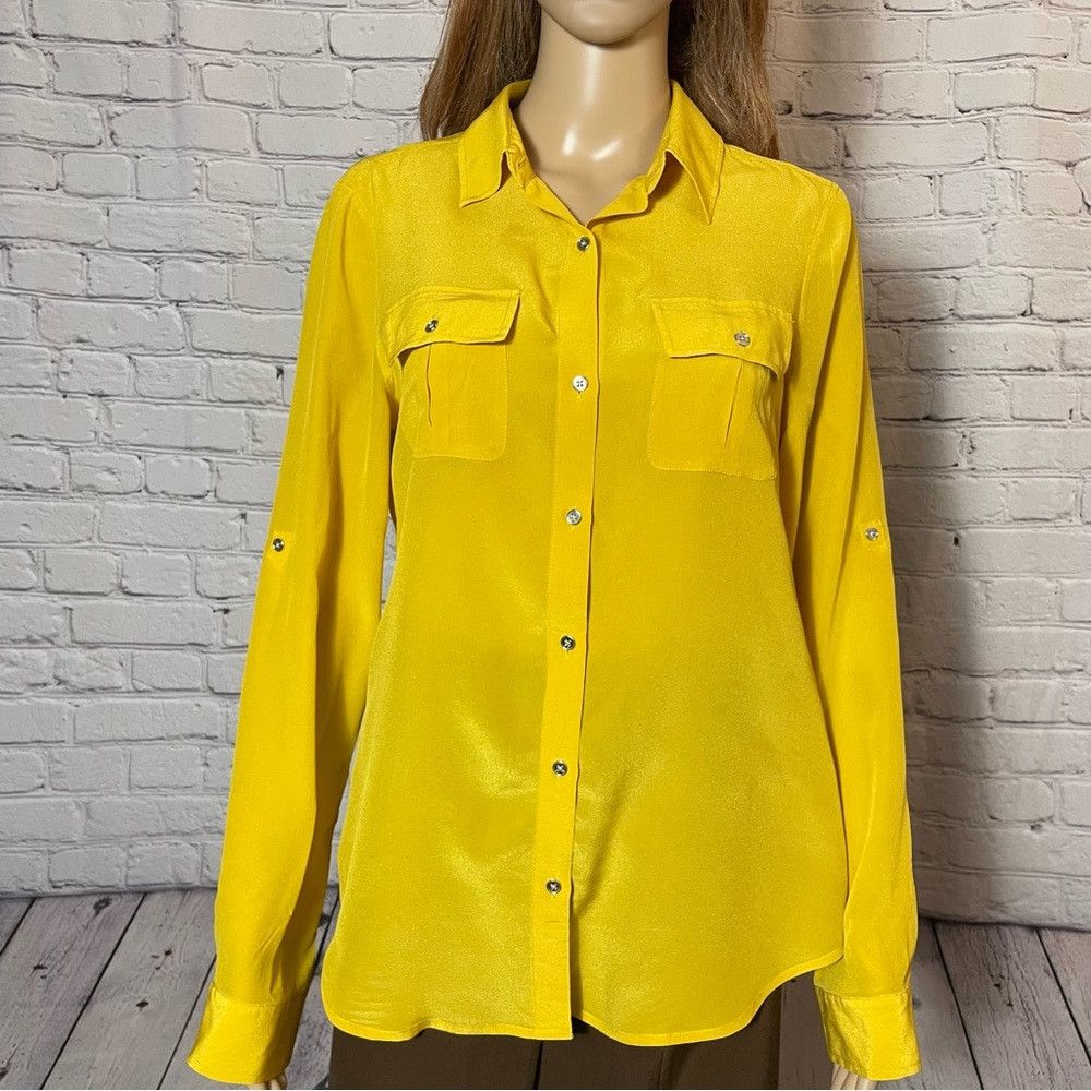Banana Republic Banana Republic 100% Silk Yellow Long Sleeve Blouse Size 6 Size M / US 6-8 / IT 42-44 - 9 Thumbnail