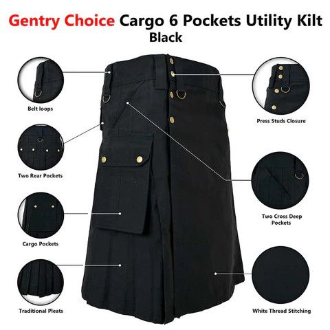 Handmade × Other Cargo mens Utility Kilt Black with 6 Pockets Size US 34 / EU 50 - 7 Thumbnail
