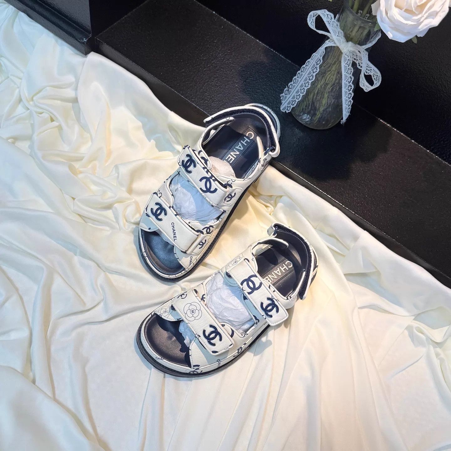 Chanel CHANEL White Blue CC Allover Velcro Sandal 36 95N Size US 5.5 / IT 35.5 - 1 Thumbnail