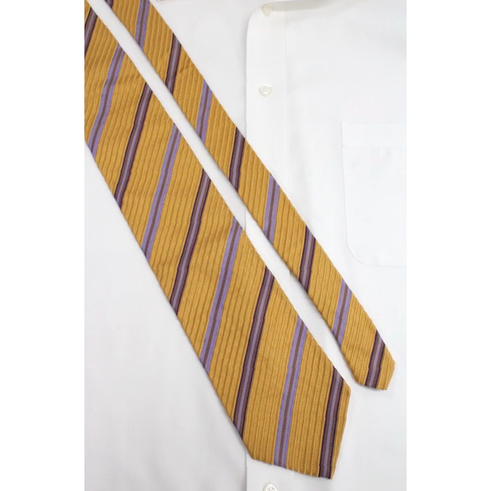 Vintage VINTAGE XMI Platinum Silk Necktie Yellow Gold Stripes Tie Handmade Classic Office Wedding Mens Size ONE SIZE - 4 Thumbnail