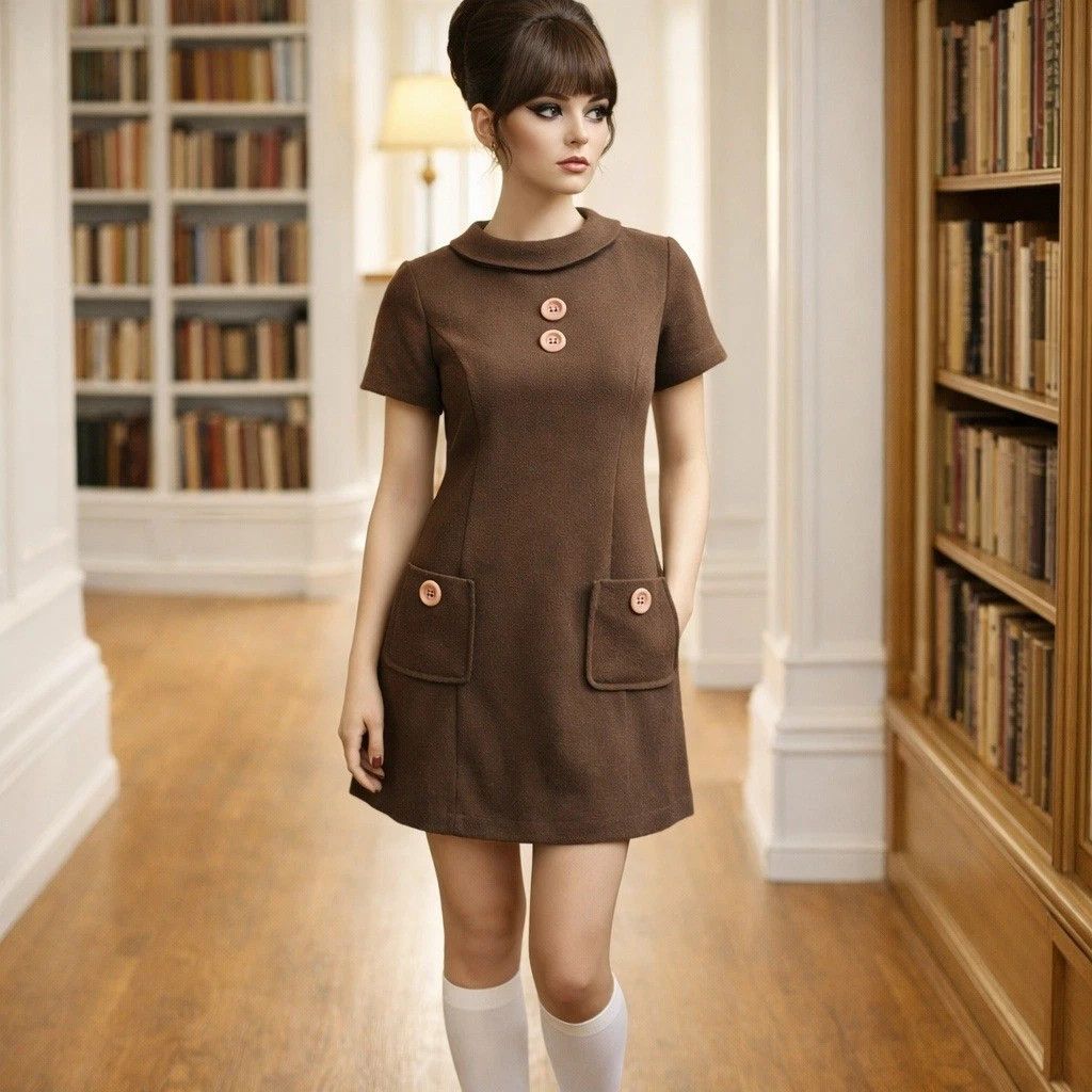 Vintage VTG 90s Wrapper USA Brown Mod Shift Mini Dress Size 3/4 Size XS / US 0-2 / IT 36-38 - 1 Thumbnail