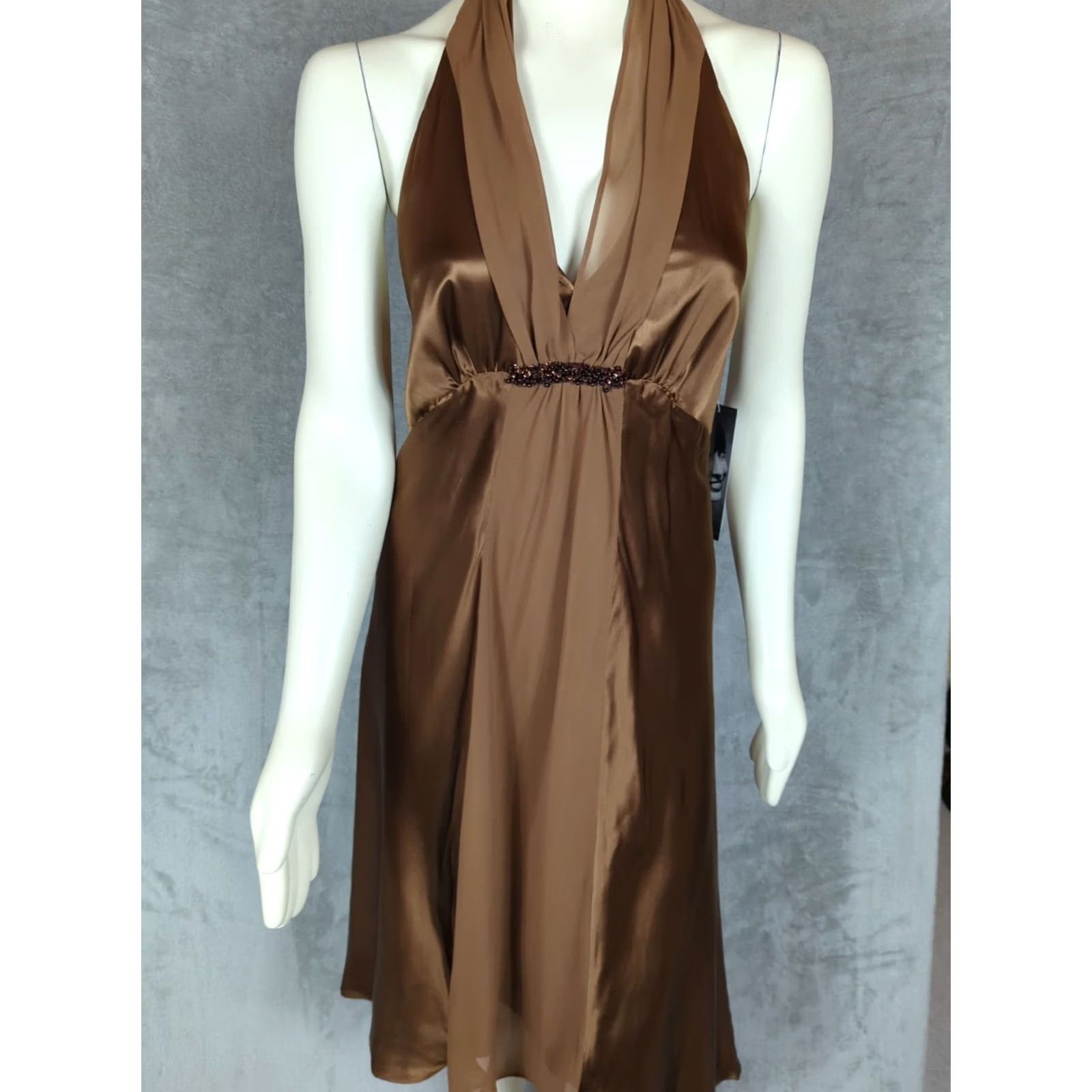 Vintage VINTAGE Donna Ricco dress Halter Knee Length Silk Brown Beaded Zipper Womens 12 Size XL / US 12-14 / IT 48-50 - 4 Thumbnail