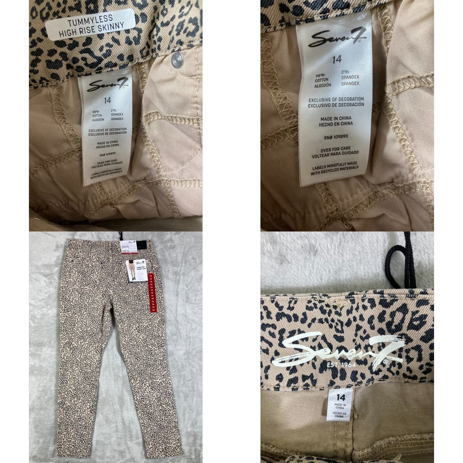 Vintage Seven7 Skinny Jeans Womens 14 Beige Black Leopard Print High Rise Tummyless NWT Size 36" / US 14 / IT 50 - 8 Thumbnail