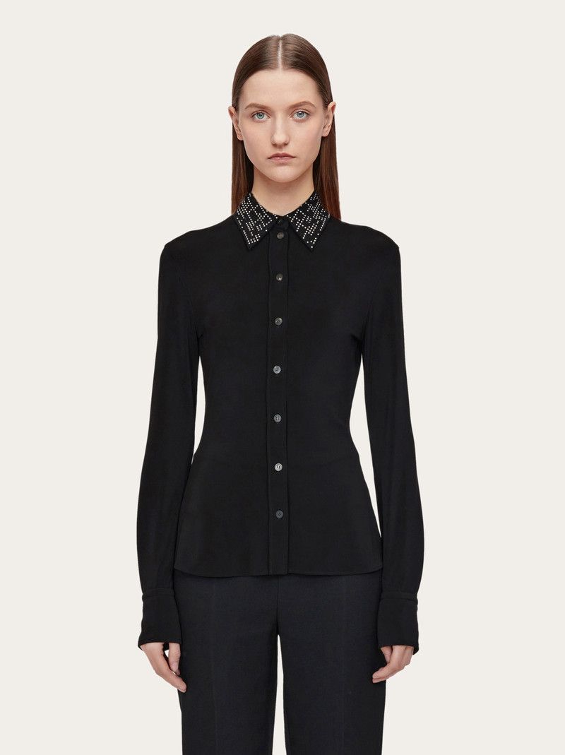 Salvatore Ferragamo o1s1rm0126 Studded Collar Jersey Shirt in Black Size XS / US 0-2 / IT 36-38 - 2 Thumbnail