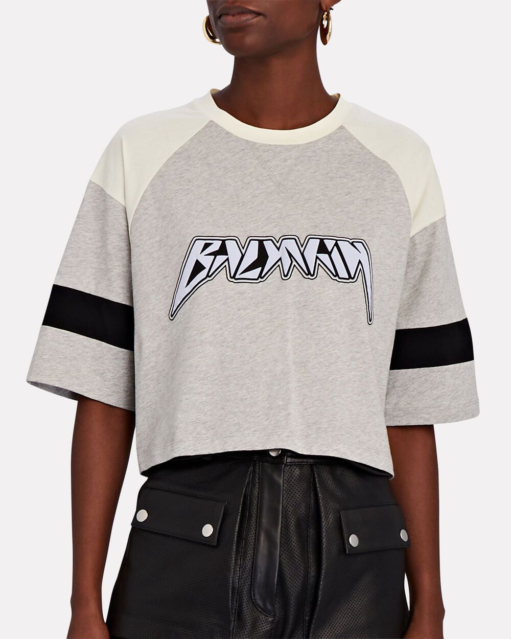 Balmain BALMAIN gray white logo print cropped biker t-shirt Large Size L / US 10 / IT 46 - 1 Thumbnail