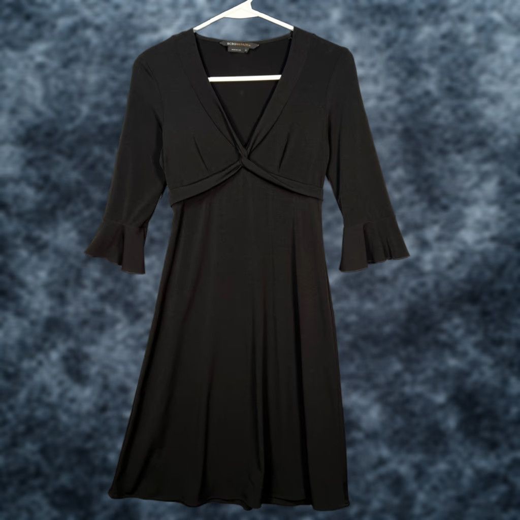 Bcbgmaxazria BCBGMAXAZRIA Dress Womens XS Black Ruffle Sleeves Knot Front Stretch A-Line Knee Length V-Neck 3/4 Sleeve Size XS / US 0-2 / IT 36-38 - 1 Thumbnail