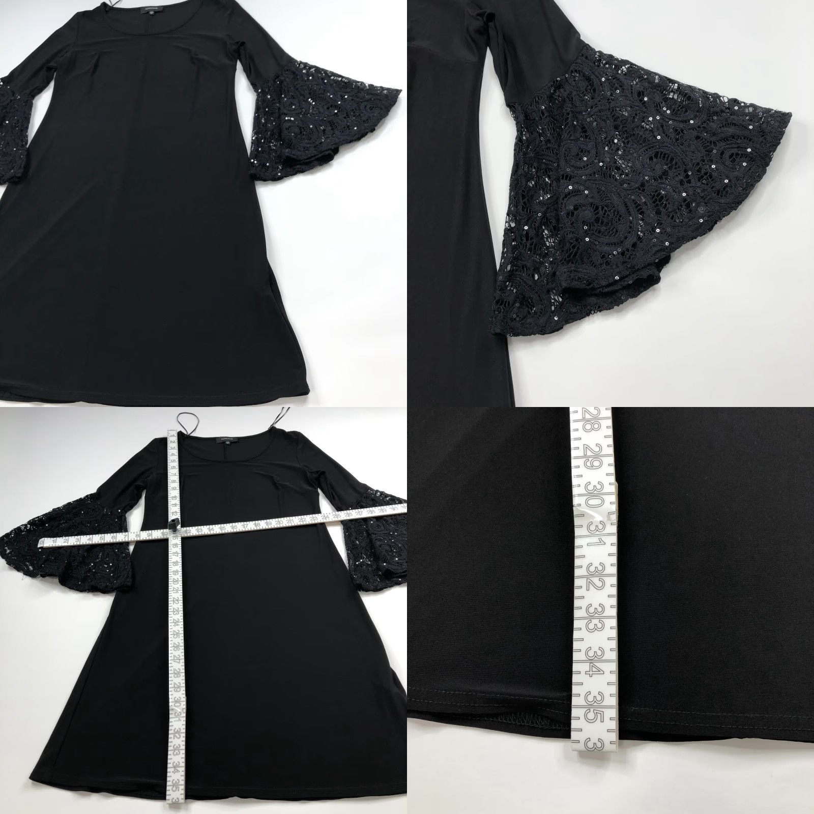 Vintage RM Richards 6 Lace Sequin Bell Sleeve Women's Boat Neck Above Knee Dress Black Size M / US 6-8 / IT 42-44 - 8 Thumbnail