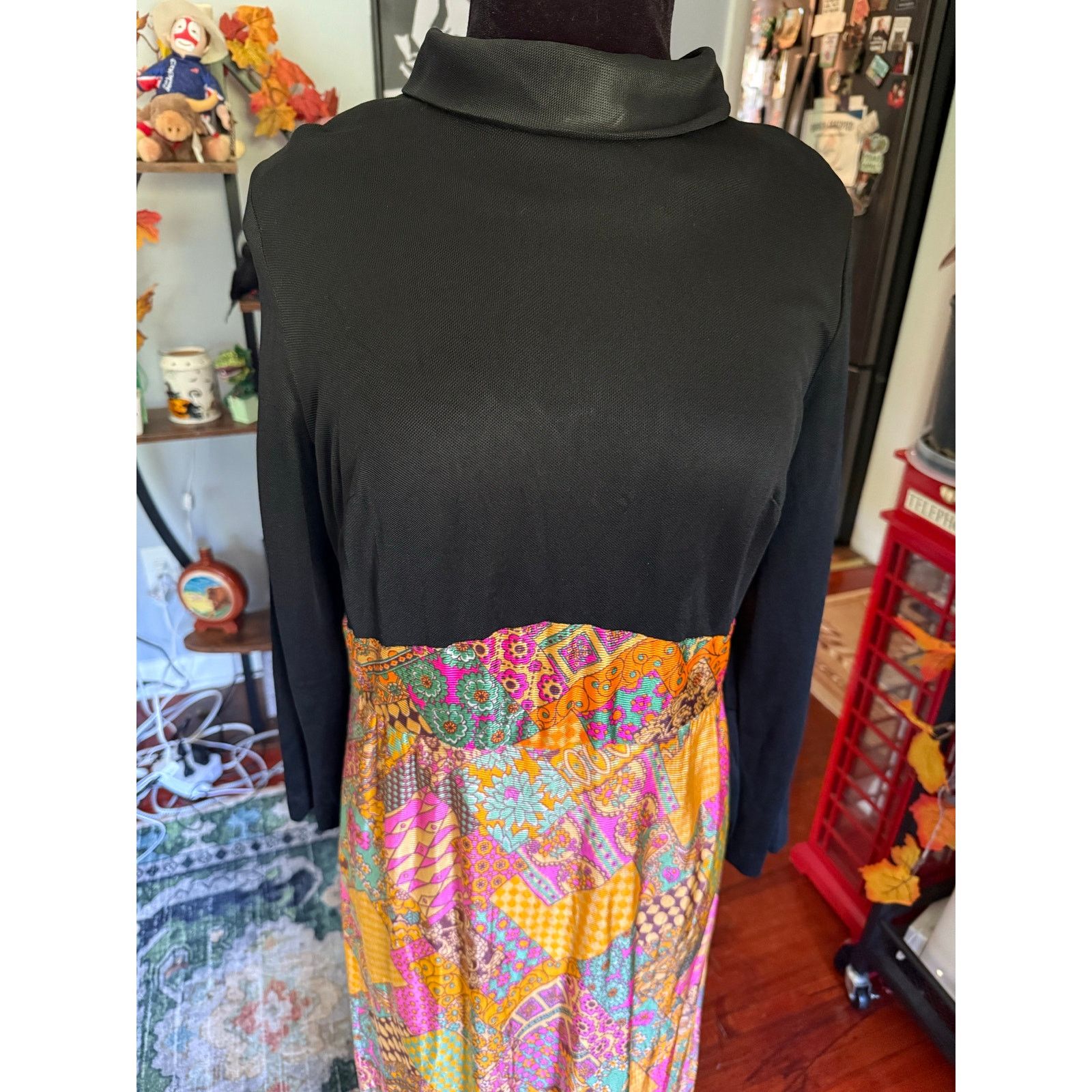 Vintage Vintage 60s Black Orange Psychedelic Hippie Maxi Dress Med L Size M / US 6-8 / IT 42-44 - 3 Thumbnail