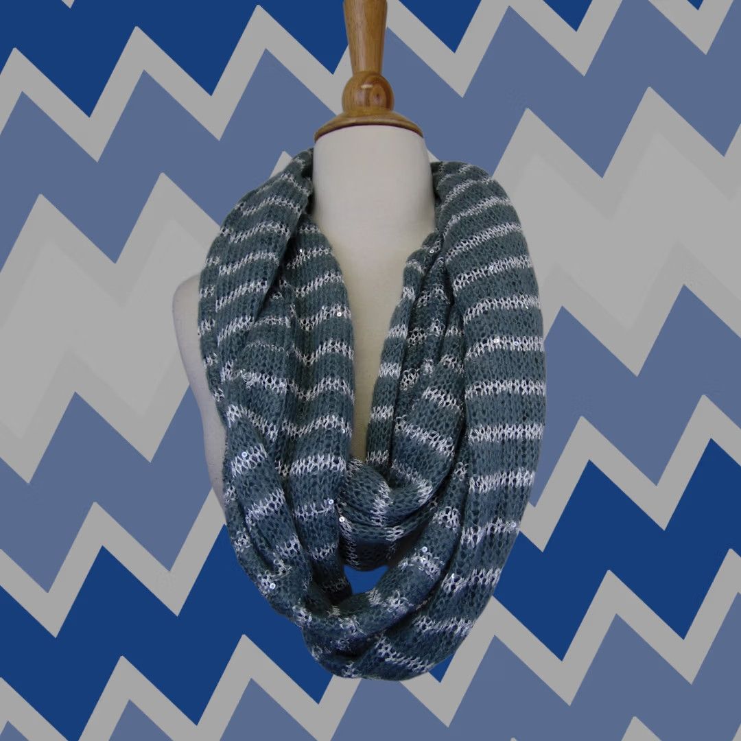 Vintage Bindya New York Scarf Infinity Knit Gray Sequin Striped 38" 9" Women Winter Fall Handmade No Size ONE SIZE - 1 Thumbnail