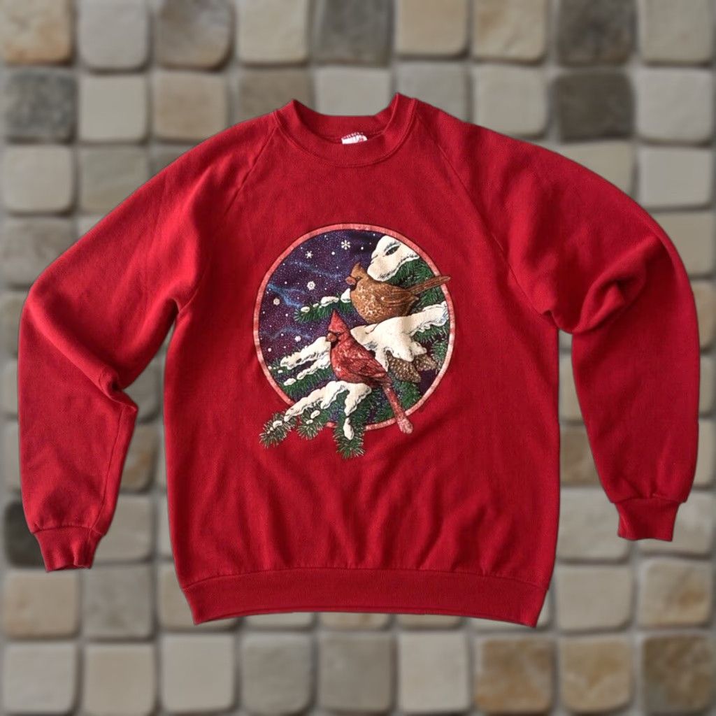Jerzees JERZEES Women's Vintage 1990 Sweatshirt Crew Neck Pullover Graphic Print Made in USA Sz L Red 50/50 Cotton Blend USA 90s Felted Cardina Birds Womens Size L / US 10 / IT 46 - 1 Thumbnail