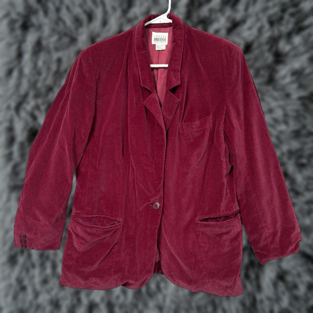 Vintage VINTAGE Leslie Fay Velvet Blazer Women's 8 Red Notch Lapel One-Button 80s 90s Dark Academia Preppy blazer jacket Size M / US 6-8 / IT 42-44 - 1 Thumbnail