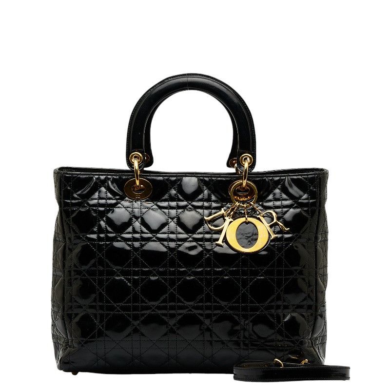 image of Dior Cannage Handbag Shoulder Bag 2Way Black Patent Leather, Women's