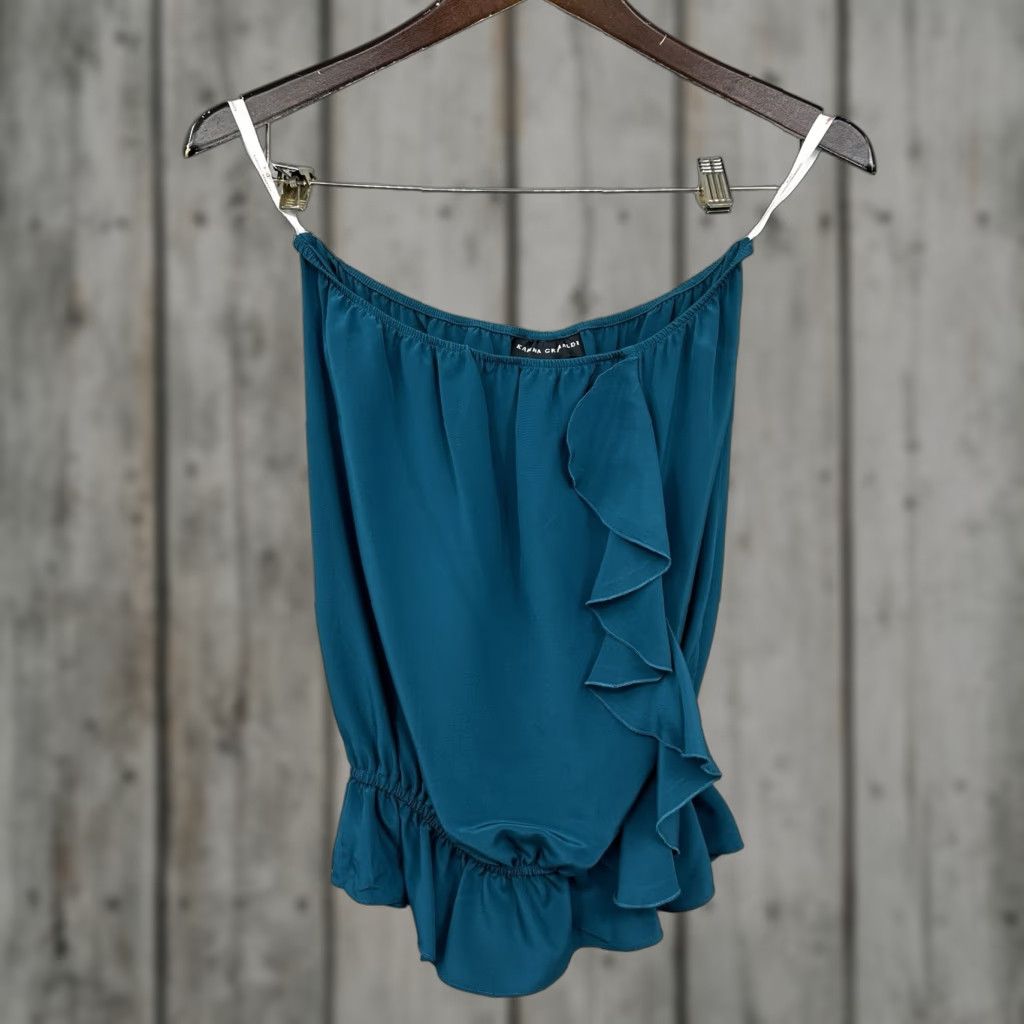 Karina Grimaldi KARINA GRIMALDI Blouse Womens M Silk Strapless Square Neck Ruffle 90s Quiet Luxury Peplum Green Vintage No Size M / US 6-8 / IT 42-44 - 1 Thumbnail