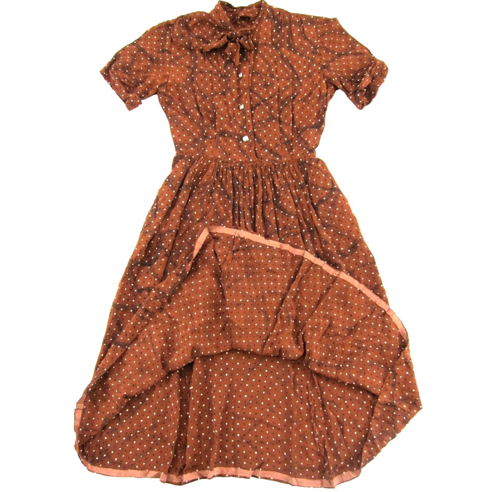 Vintage VTG 1960s Handmade Rayon Polka Dot Midi Sheath Dress XS Brown Black White Pockets Zipper Button Vintage Women Size XS / US 0-2 / IT 36-38 - 4 Thumbnail