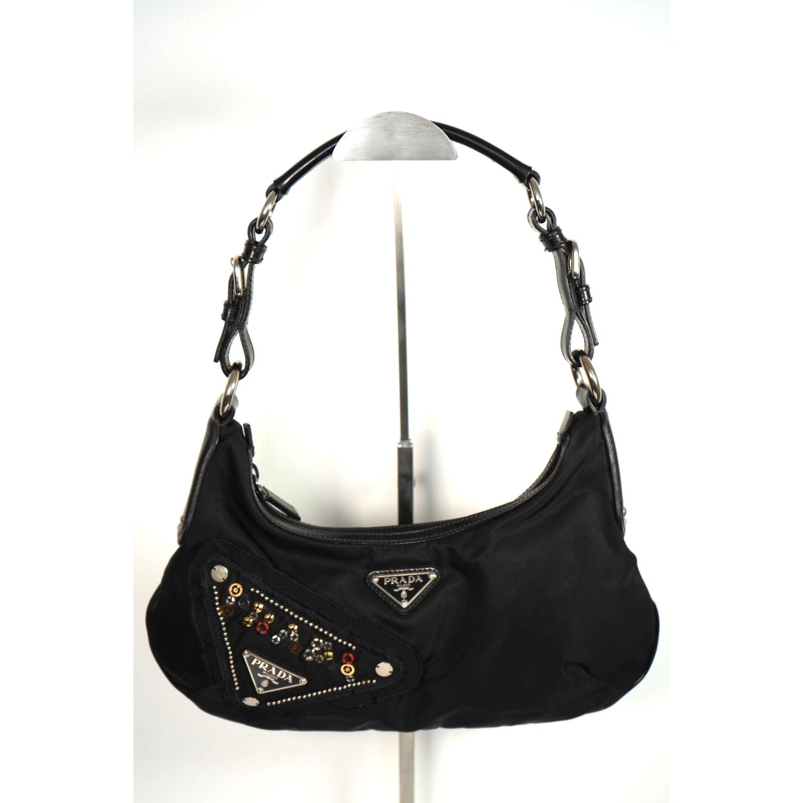 Prada Nylon Hobo Shoulder Bag W/ Small Metal Gears & Studs in Black, Women's
