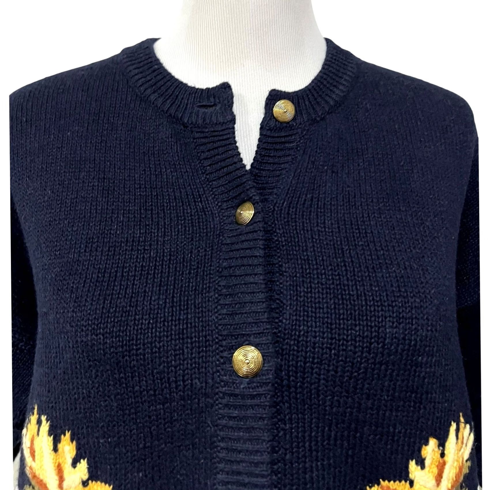 LE CIEL BLEU VINTAGE Sunflowers Navy Blue Gold Buttons Cardigan Sweater 90s Women’s Large L Crew Neck Floral Short Sleeve Size L / US 10 / IT 46 - 5 Thumbnail