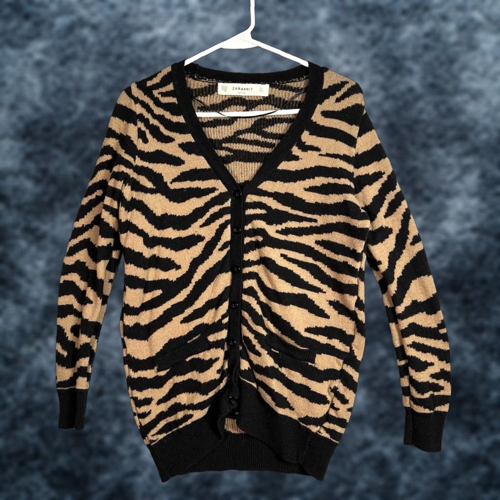 Zara Zara Cardigan Knit Zebra Pattern Sweater Womens Small Beige Black Cotton Blend Size S / US 4 / IT 40 - 1 Thumbnail