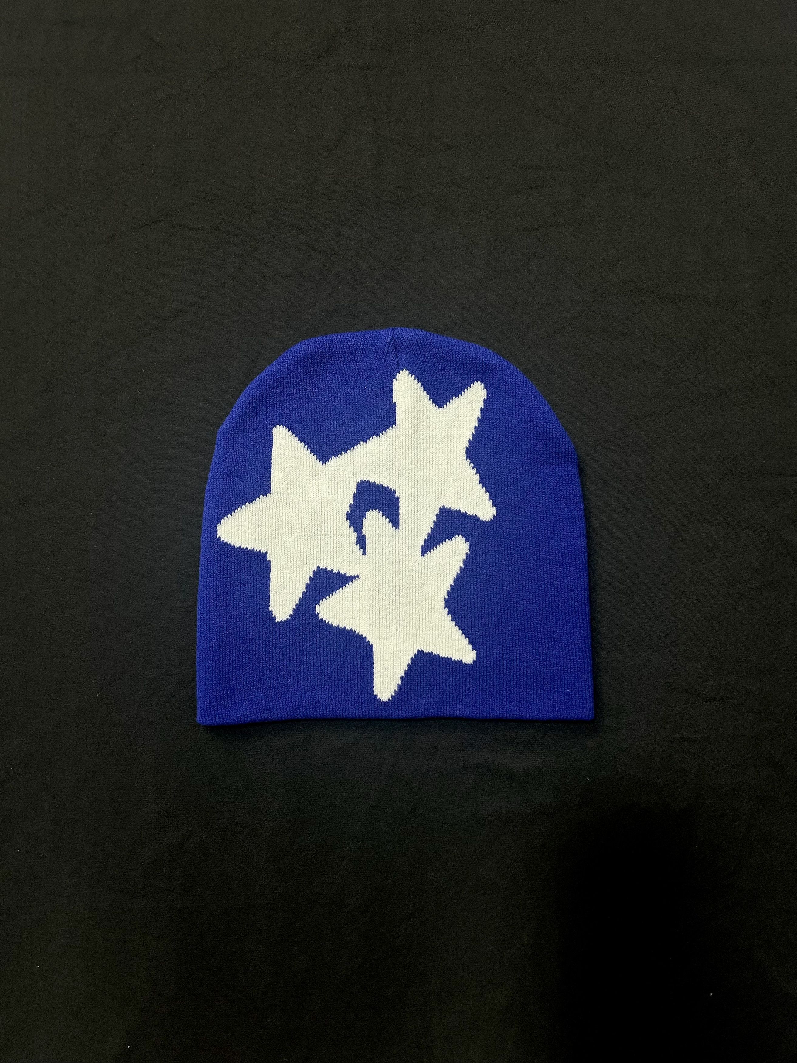 Japanese Brand Rare 3 Star Graphic No Cuff Knit Cap Beanie Blue Hat OS Size ONE SIZE - 1 Thumbnail