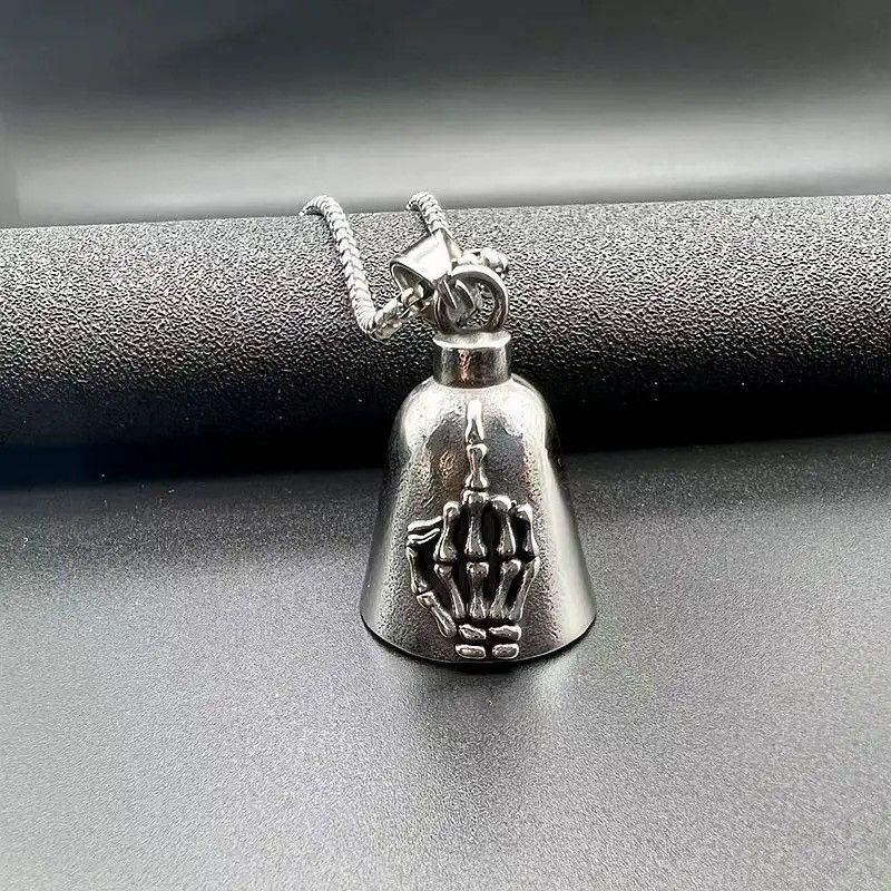 Jewelry Skull Middle Finger Bell Pendant Necklace Size ONE SIZE - 1 Thumbnail