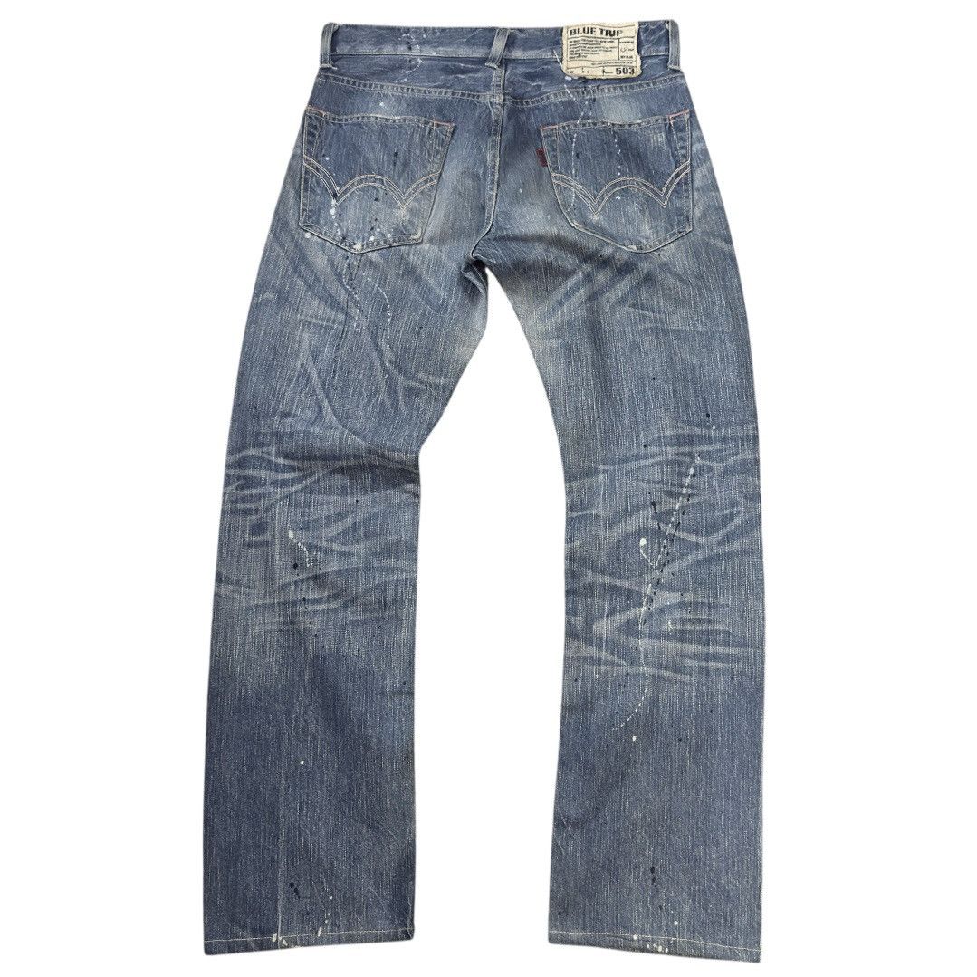 Seditionaries 🇯🇵 Vintage 90s Edwin 503 Blue Trip Distressed Splash Paint Size US 30 / EU 46 - 2 Thumbnail