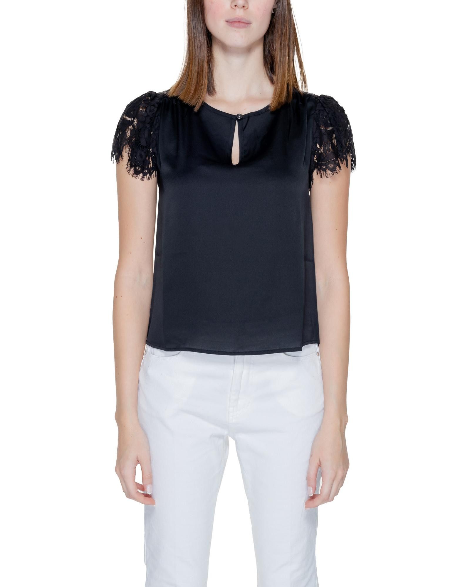 Image of Guess Short Sleeve Round Neck Blouse In in Black, Women's (Size XL)