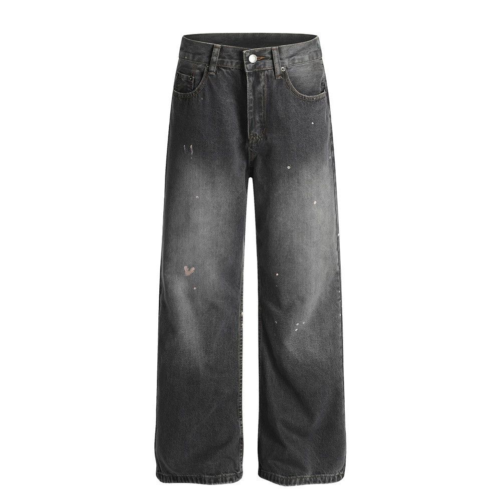 Punk men's ink-splashed distressed washed straight jeans