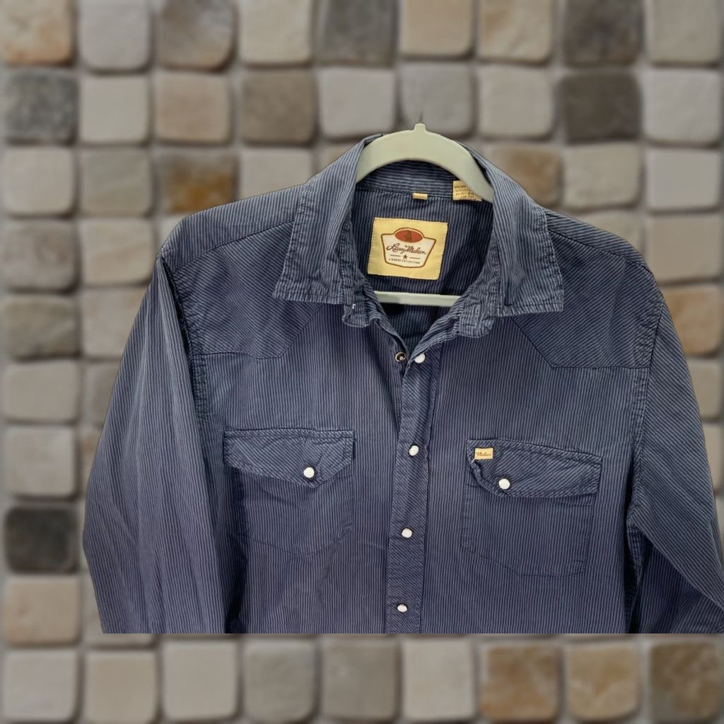 Vintage Larry Mahan Snap Front Shirt Mens M Blue Striped Long Sleeve Pockets Logo Cowboy Shirt Size US M / EU 48-50 / 2 - 1 Thumbnail