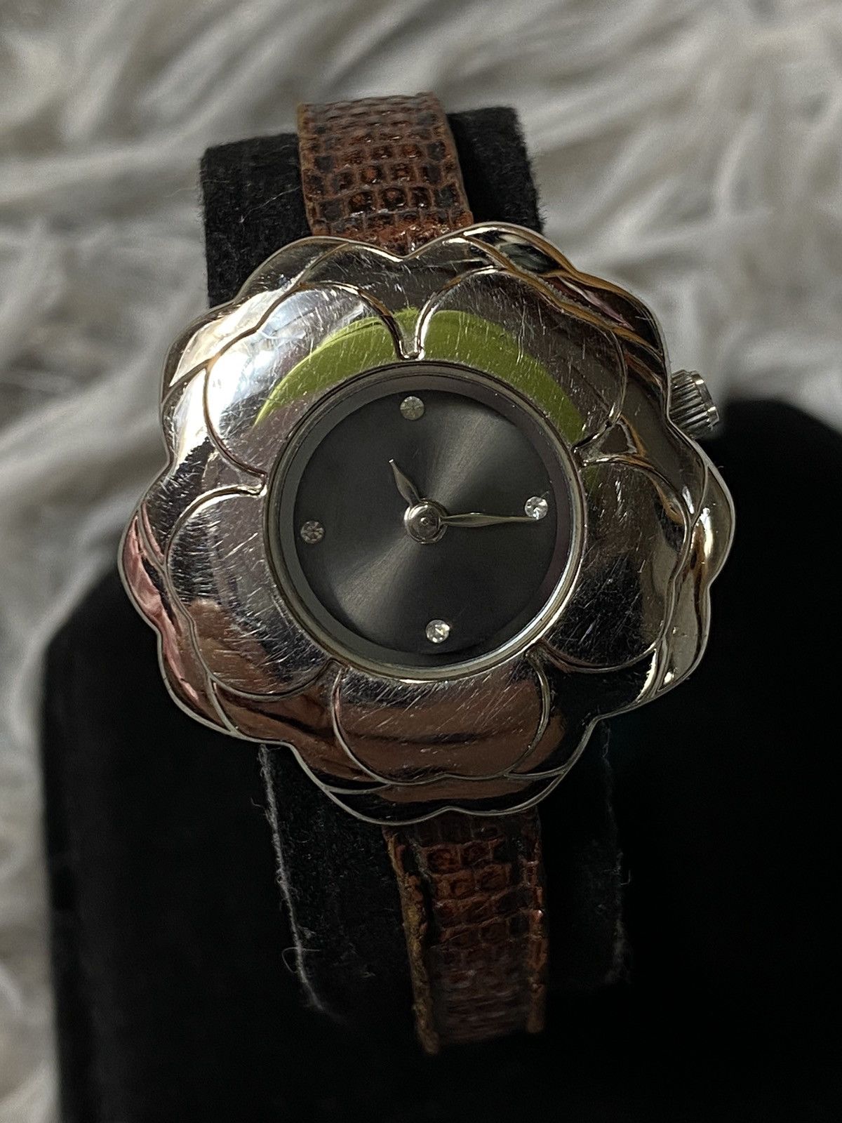 Jewelry Floral Silver Watch with Brown Strap - Japanese Brand Size ONE SIZE - 3 Thumbnail