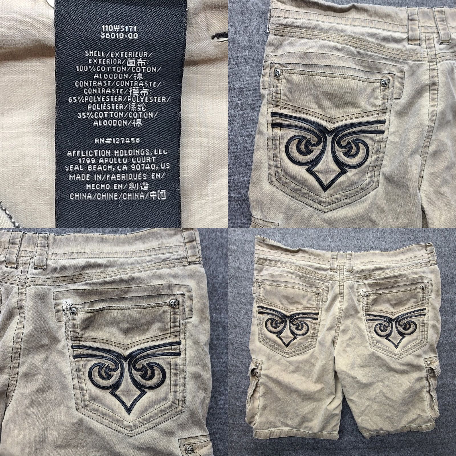 Affliction Affliction Cargo Shorts Mens 40 Beige Cotton Polyester Distressed 90s Grunge Gothic MMA Cargo Pocket Button Zipper Embroidered Logo Size US 40 / EU 56 - 8 Thumbnail