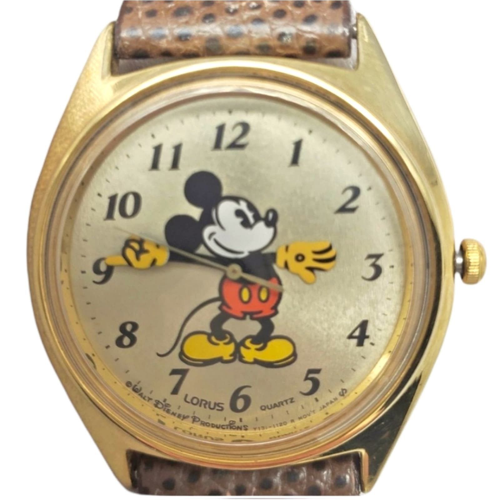 image of Disney X Lorus Mickey VTG Quartz Brown Leather Band Watch in Gold, Women's