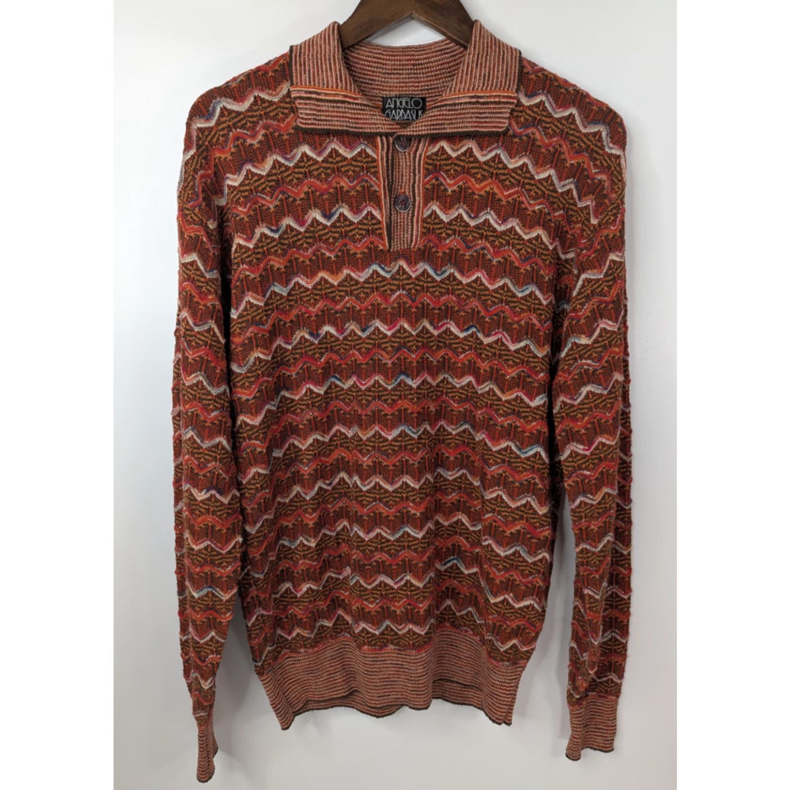 Vintage Angelo Garbasus Polo Long Sleeve Sweater Men’s 4 Collar Pullover Textured Wool Rust Geometric Knit Long Sleeve Wool Polo Sweater Mens 4 Size US S / EU 44-46 / 1 - 2 Thumbnail