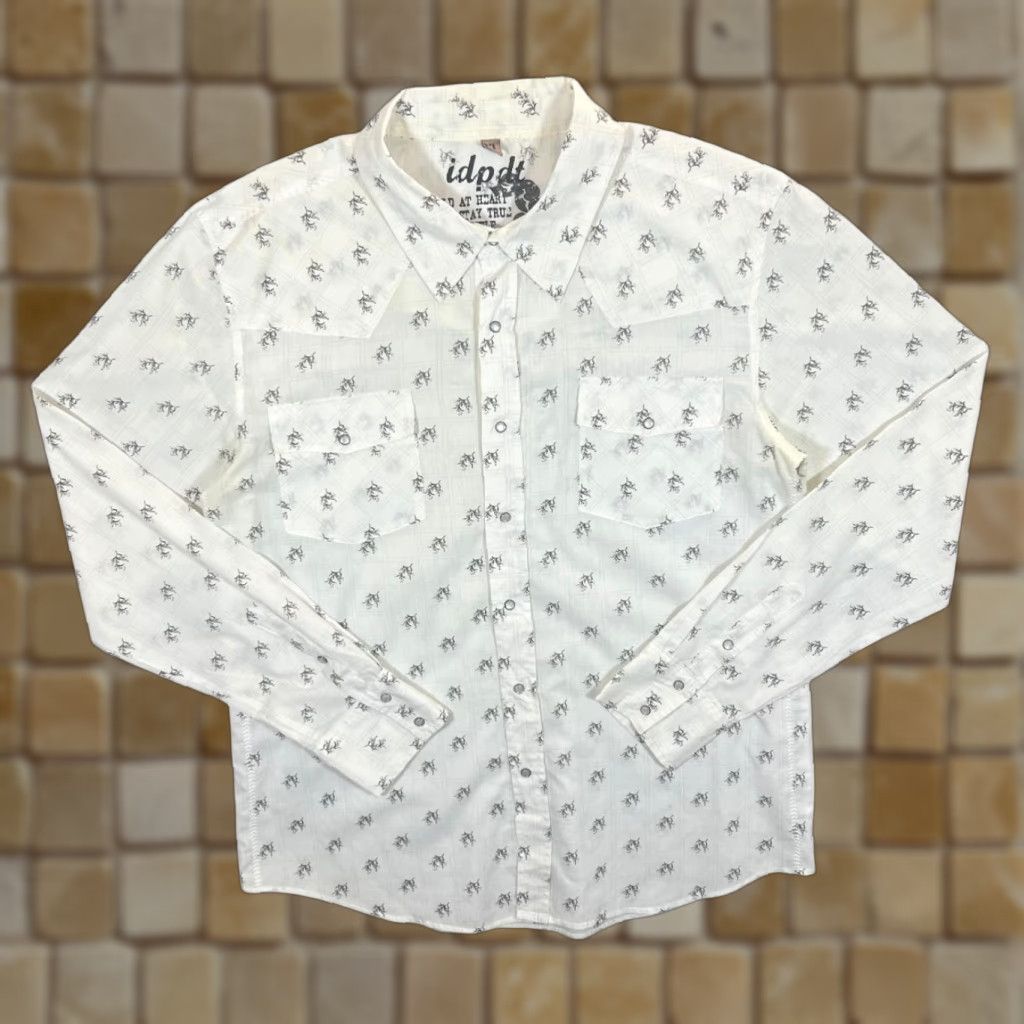 Vintage IDPDT Cowboy Western Patterned Popper White Long Sleeve Shirt XL Large Size US XL / EU 56 / 4 - 1 Thumbnail