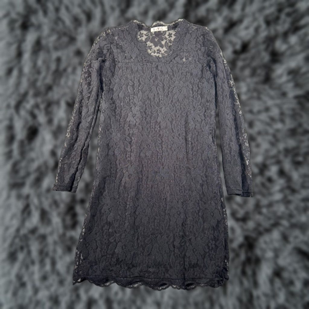 Vintage SYL Dress XL Black Floral Lace Sheer V-Neck Short Mini Sheath Formal Party/Cocktail Womens Fem inine Whimsigoth Dark Fairy Size XL / US 12-14 / IT 48-50 - 1 Thumbnail