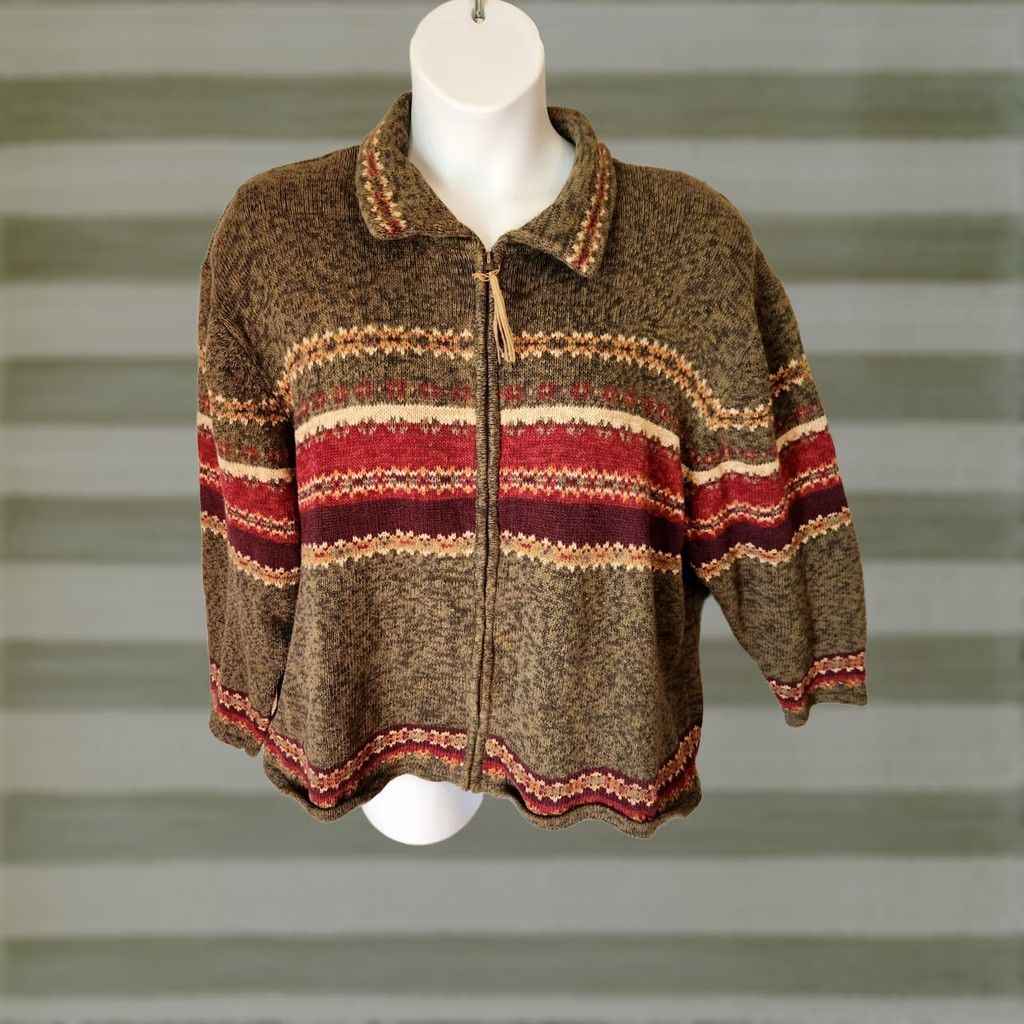 Vintage Tiara Women Green Winter Stripe Full Zip Cardigan Sweater 26/28 Plus Size Adult Womens Regular Fit Ramie Cotton Hand Wash Only Vintage No Size 4XL / US 24-26 - 1 Thumbnail