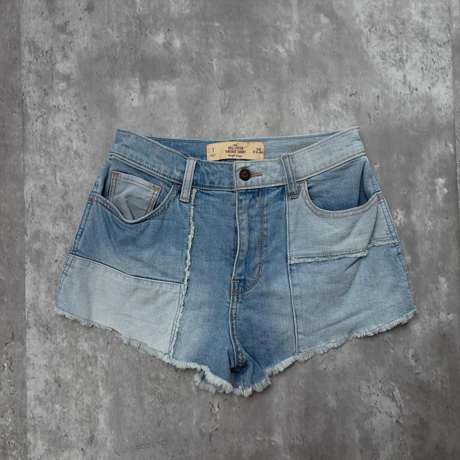 Other Y2K Hollister Surf Grunge Patchwork Mini Denim Shorts Size 25" / US 0 / IT 36 - 1 Thumbnail