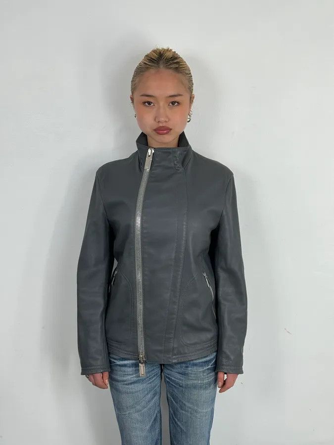 Emporio Armani SS2014 Emporio Armani Asymmetrical Petrol Grey Leather Jacket Size XS / US 0-2 / IT 36-38 - 3 Thumbnail