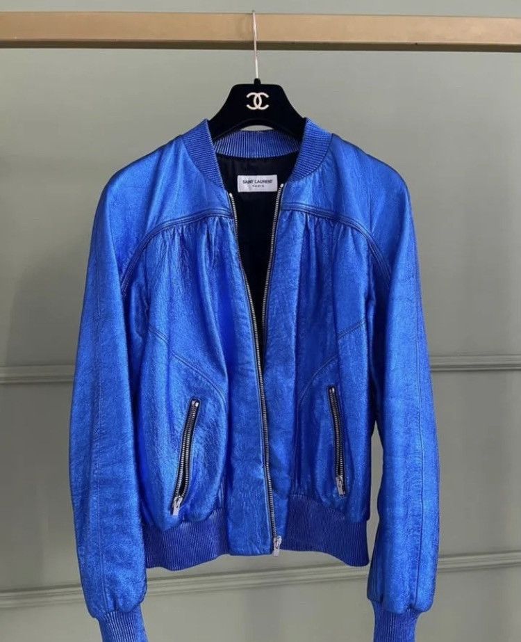 image of Saint Laurent Paris Bomber Jacket In Blue, Men's (Size Small)