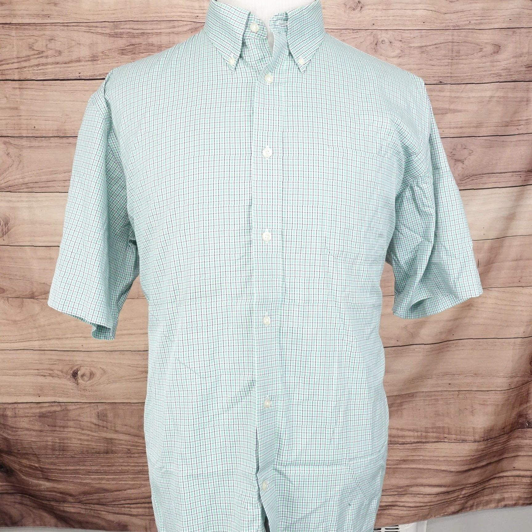 Lands' End LANDS' END Men's Short Sleeve Shirt 2XL Green Blue Plaid Cotton No Iron Button-Down Casual Size US XXL / EU 58 / 5 - 3 Thumbnail