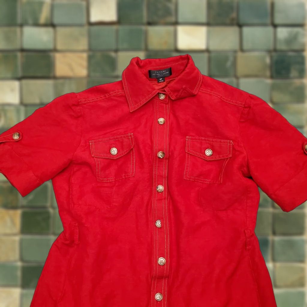 Vintage VINTAGE Tahari Top Womens 6P Red Linen Blend Short Sleeve Shirt Dress Casual Button-Up Size M / US 6-8 / IT 42-44 - 1 Thumbnail