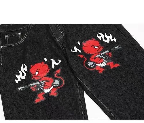 VIBE Black retro street hip hop printed loose straight jeans Size US 30 / EU 46 - 7 Thumbnail