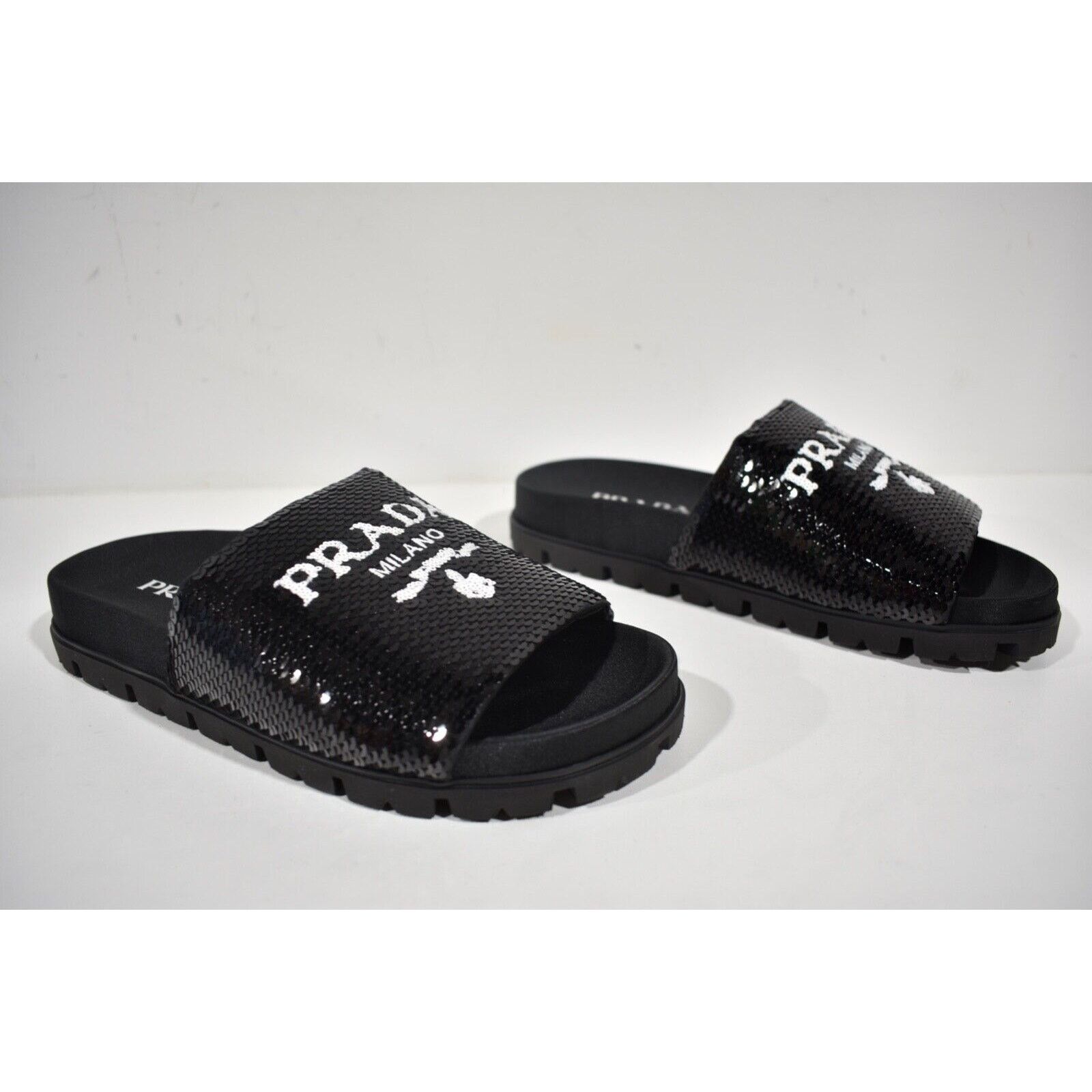 Prada Prada Black Sequin White Logo Slide Sandal Slip On Pool Flip Size US 9.5 / IT 39.5 - 3 Thumbnail