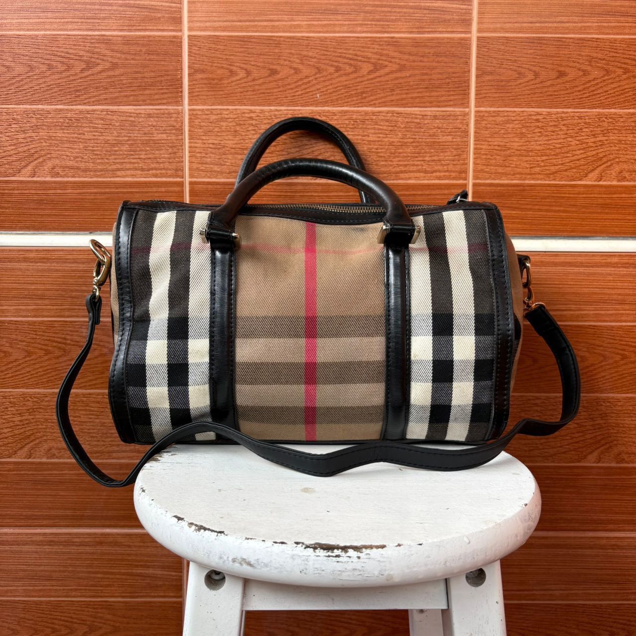 Burberry Burberry Vintage Haymarket Check Canvas & Leather Boston Bag Size ONE SIZE - 2 Thumbnail